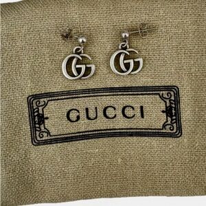 Gucci Silver Tone Double G Dangle Stud Charm Earrings